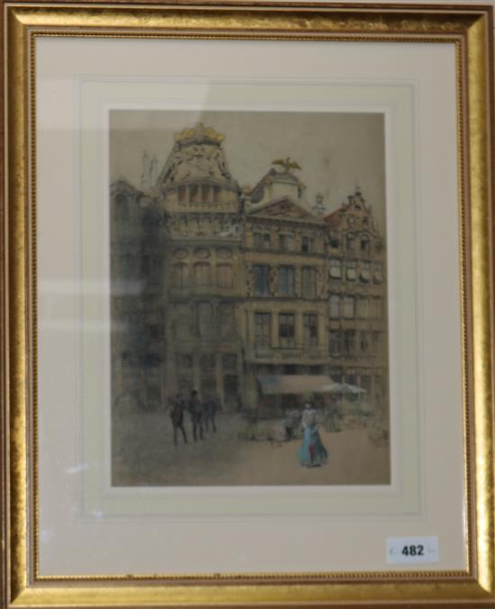 Amedee Forestier, hand tinted lithograph, houses in Brussels, 37 x 27cm